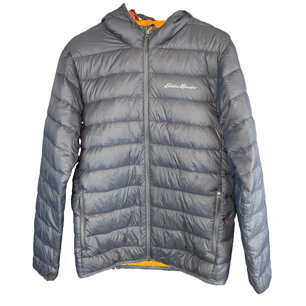 Eddie Bauer EB650 Men's Small Down Puffer Jacket Hooded Gray Orange Lined